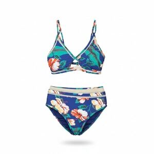 Beach Joy Bikini Womens Large Tropical Floral High Waist Two Piece Swimsuit Navy